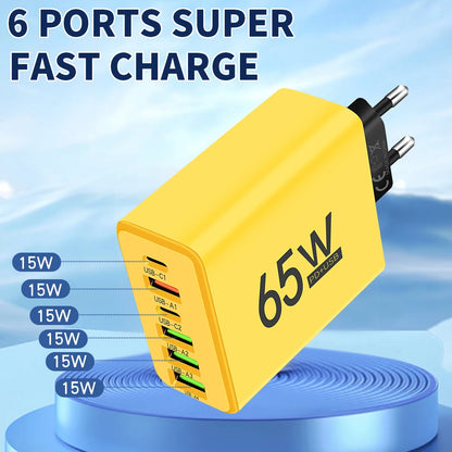 65W USB C Charger 6 Ports Fast Charging Wall Charger for iPhone Samsung Galaxy US AN EU PLUG IN