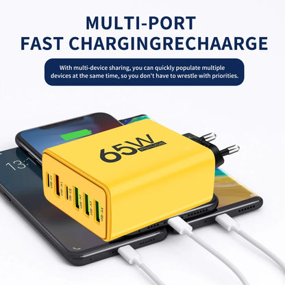 65W USB C Charger 6 Ports Fast Charging Wall Charger for iPhone Samsung Galaxy US AN EU PLUG IN